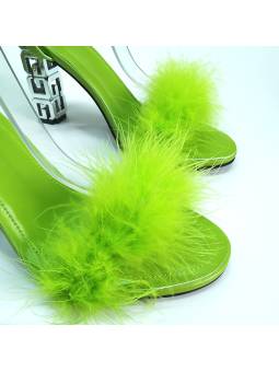 Green leather high-heeled sandals for women.