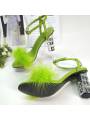 Green leather high-heeled sandals for women.