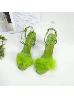 Green leather high-heeled sandals for women.