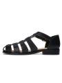 Men's sandals in genuine black leather, with straps, rounded toe, gold metal buckle, and heel.