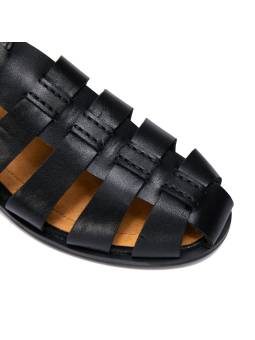 Men's sandals in genuine black leather, with straps, rounded toe, gold metal buckle, and heel.