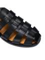 Men's sandals in genuine black leather, with straps, rounded toe, gold metal buckle, and heel.