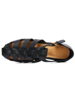 Men's sandals in genuine black leather, with straps, rounded toe, gold metal buckle, and heel.