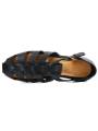 Men's sandals in genuine black leather, with straps, rounded toe, gold metal buckle, and heel.