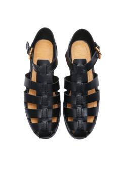 Men's sandals in genuine black leather, with straps, rounded toe, gold metal buckle, and heel.