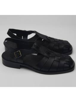 Men's Black Leather Fisherman Sandals with Heel