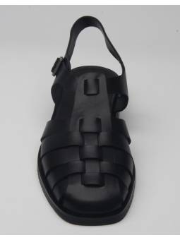 Men's Black Leather Fisherman Sandals with Heel