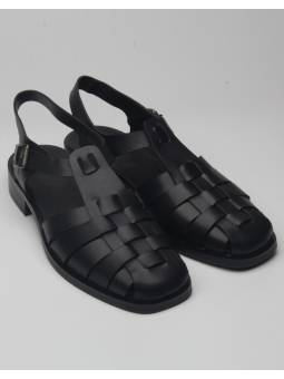 Men's Black Leather Fisherman Sandals with Heel