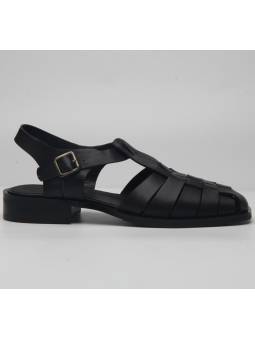 Men's Black Leather Fisherman Sandals with Heel