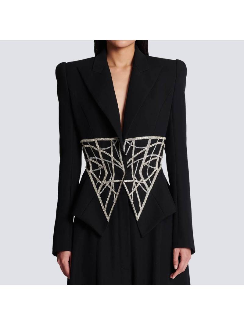 Fitted black blazer jacket in embroidered powder grain