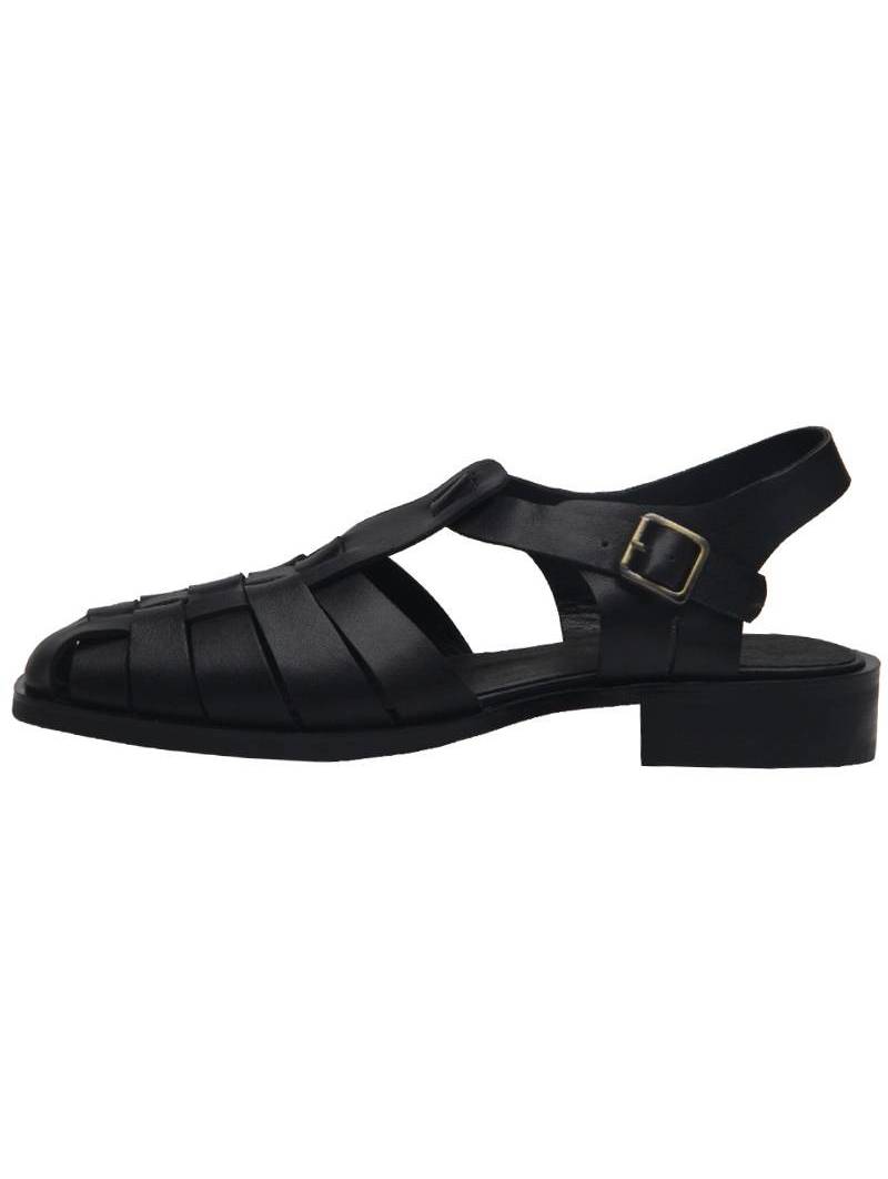 Men's Black Leather Fisherman Sandals with Heel