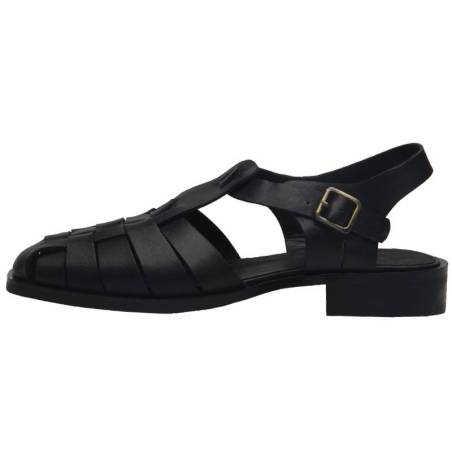 Men's Black Leather Fisherman Sandals with Heel