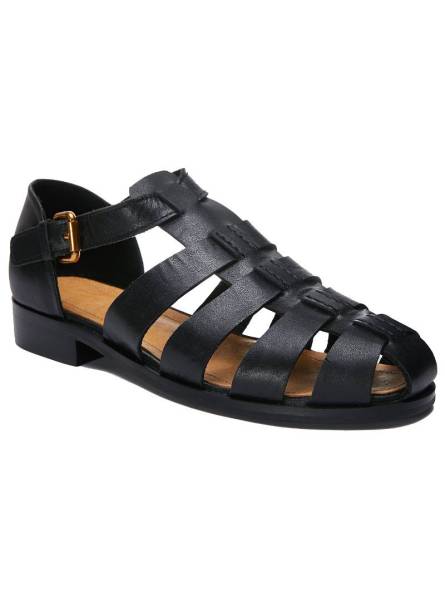 Men's sandals in genuine black leather, with straps, rounded toe, gold metal buckle, and heel.