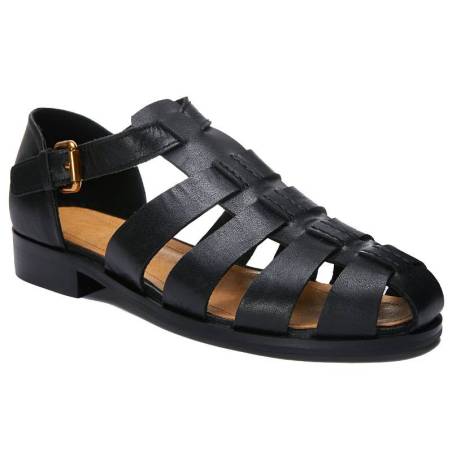 Men's sandals in genuine black leather, with straps, rounded toe, gold metal buckle, and heel.