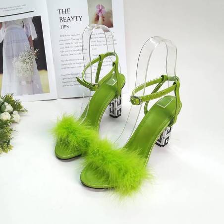 Green leather high-heeled sandals for women.