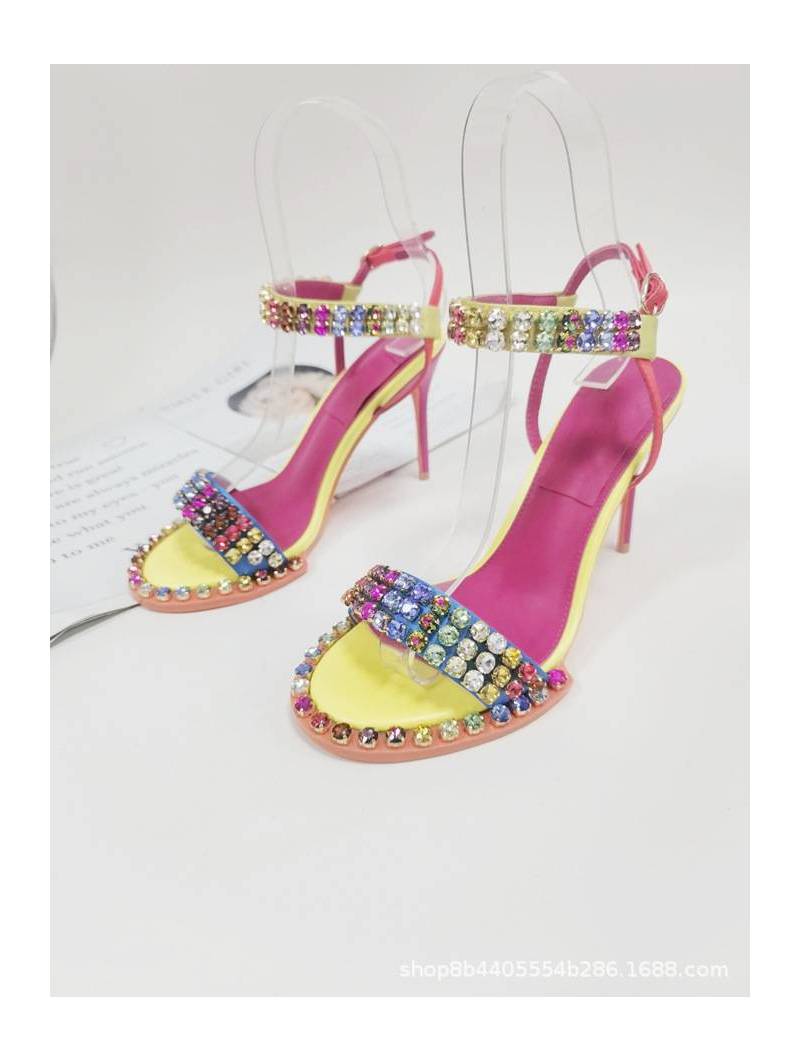 Multicolored stiletto heel lace-up sandals for women, adorned with sparkling crystals