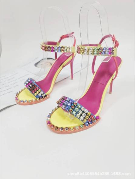 Multicolored stiletto heel lace-up sandals for women, adorned with sparkling crystals