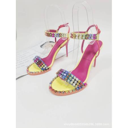 Multicolored stiletto heel lace-up sandals for women, adorned with sparkling crystals