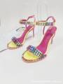 Multicolored stiletto heel lace-up sandals for women, adorned with sparkling crystals