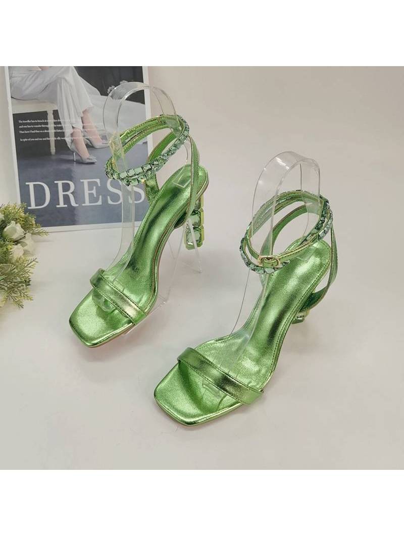 ​Green stiletto-heeled lace-up sandals for women, adorned with sparkling crystals