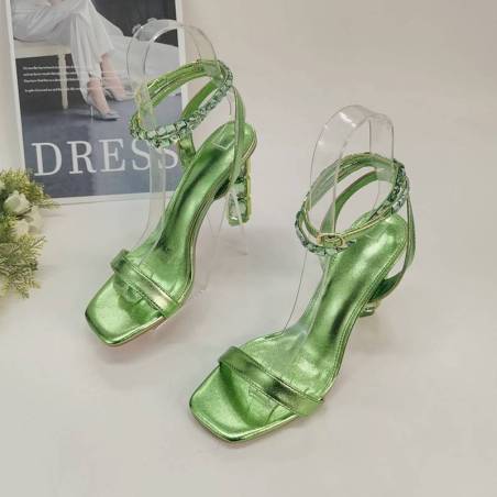 ​Green stiletto-heeled lace-up sandals for women, adorned with sparkling crystals