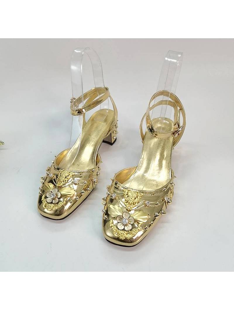 ​Sandalias de tacón alto para mujer en color oro, adornadas con cristales brillantes, con plantilla de cuero genuino