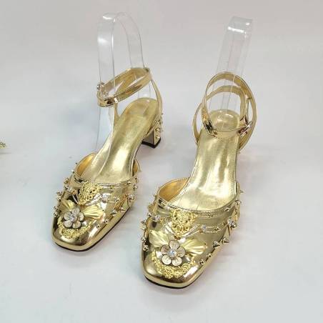 ​Sandalias de tacón alto para mujer en color oro, adornadas con cristales brillantes, con plantilla de cuero genuino