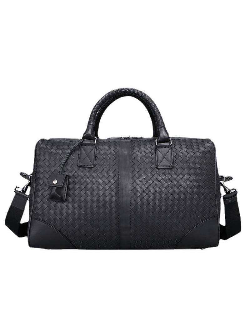 Men's black woven leather travel bag with adjustable shoulder strap for comfortable and stylish carrying