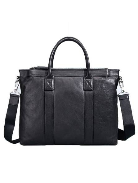 Men's  black soft leather briefcase, featuring silver-tone metal finishes and two top handles.