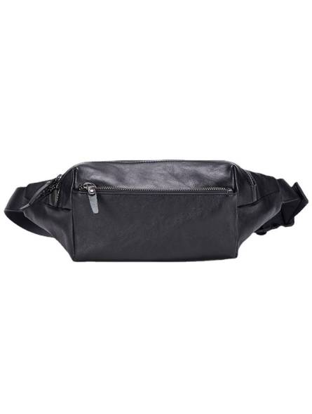 Men's black leather belt pouch featuring silver-tone metal finishes and three pockets