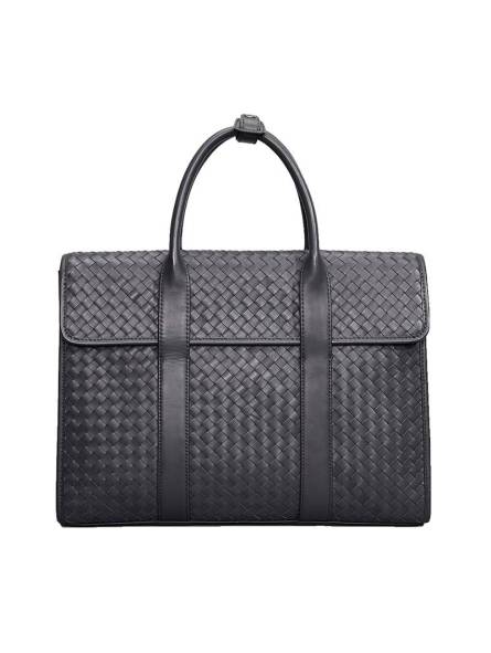 Hand-woven black genuine leather briefcase, featuring two top handles for stylish and convenient carrying