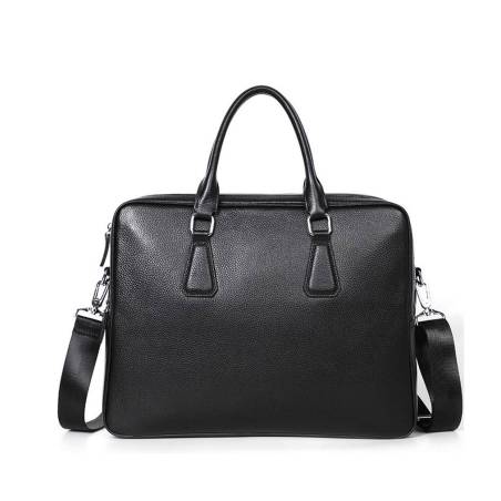 Black genuine cowhide leather briefcase, featuring a sturdy zipper closure for optimal security