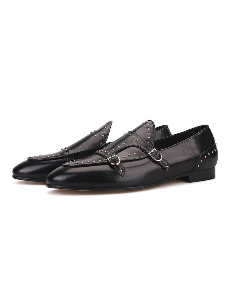 Black genuine Leather Loafer  with Studs and a small heel for men