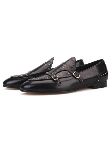 Black genuine Leather Loafer  with Studs and a small heel for men