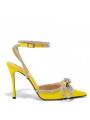 Double bow yellow satin pumps for women with stilleto heel and pointed toe