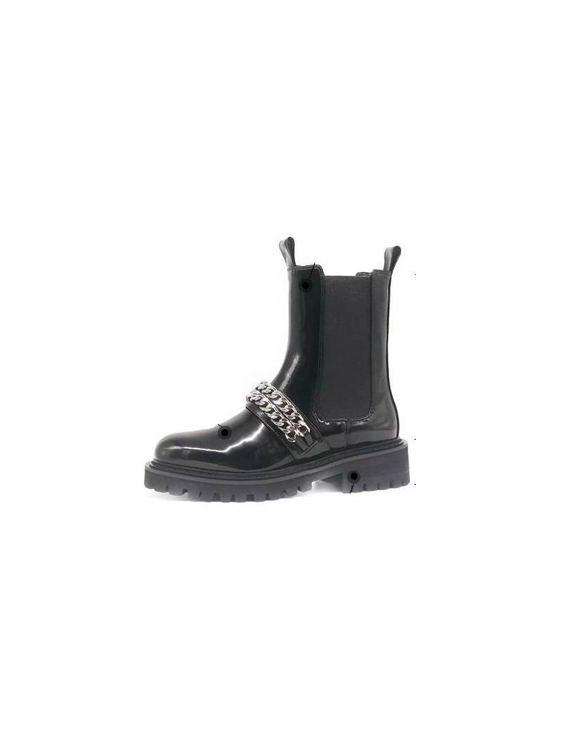 Black patent leather Chelsea boots with double chains