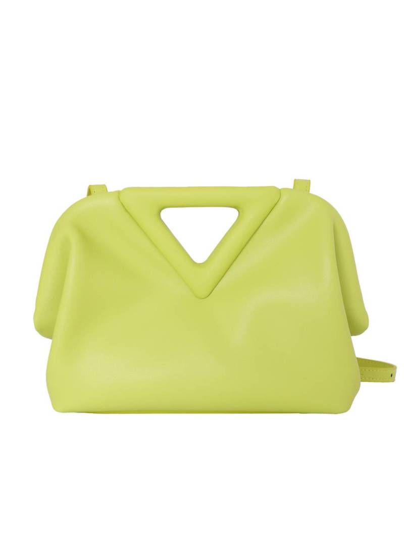 Pistachio green V-shaped cowhide leather handbag with magnetic frame and metallic silver finish