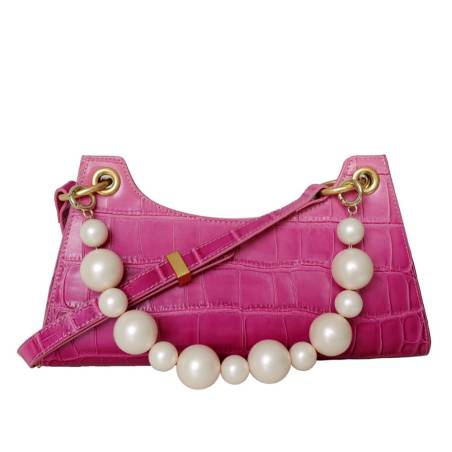 Elegant crocodile-embossed leather shoulder bag with a raspberry gradient finish and gold-tone accents.