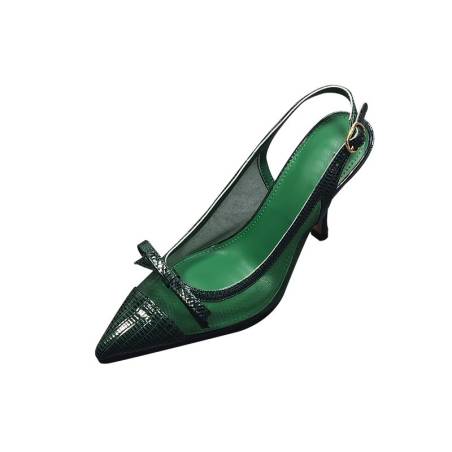 Green leather slingback pumps with stiletto heels, featuring a pointed toe with a bow and a gold-tone metal buckle