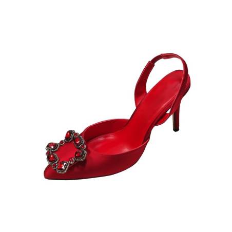 Red satin slingback pumps with stiletto heels, featuring a pointed toe and an elasticated back strap for elegant comfort.