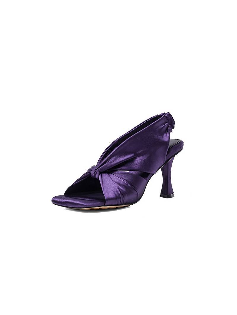 Purple satin square-toe high-heel mules featuring an elasticated back strap and leather insole.