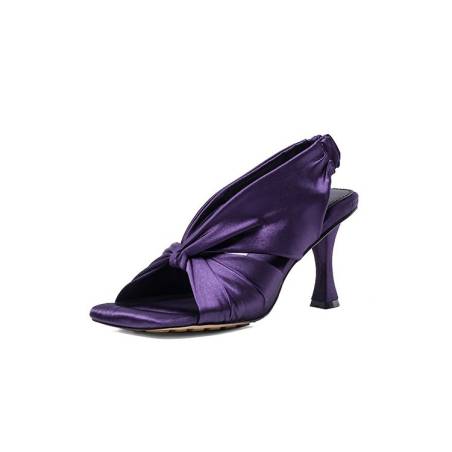 Purple satin square-toe high-heel mules featuring an elasticated back strap and leather insole.