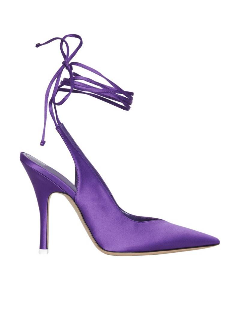 Purple satin pumps with elegant intertwined straps.