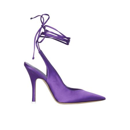 Purple satin pumps with elegant intertwined straps.