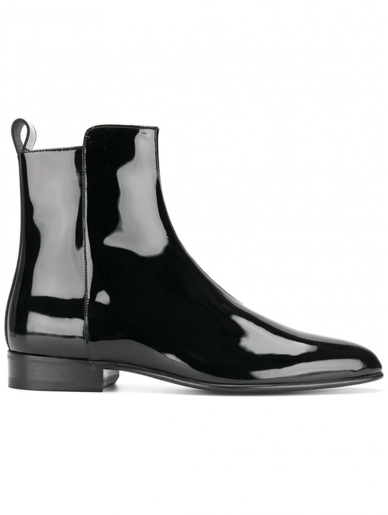black patent leather chelsea boots