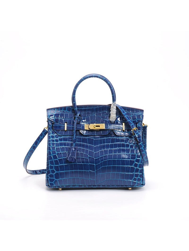 Genuine Croc Leather Women Handbag Bag Tote Shiny Navy Blue w/Cross body  Strap