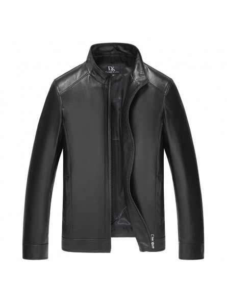 Leather black jacket with high collar